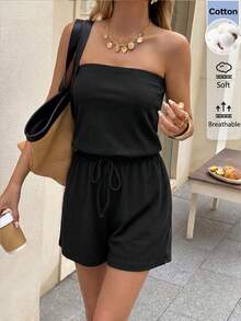 SHEIN LUNE Bộ jumpsuit nữ không tay phong cách vintage bụi bặm thường ngày, thích hợp cho lễ hội âm nhạc, kỳ nghỉ hè, đi làm, thời trang cơ bản hàng ngày. - màu đen - Xem 4