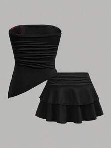 SHEIN Girlism 少女碎花露脐背心和荷叶边半裙两件套，休闲度假装 - 黑色 - 查看 2