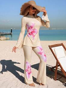 Swim Shayni 26SS 夏季海滩度假女士保守粉紫渐变长袖喇叭裤布基尼套装 - 彩色 - 查看 1