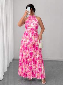 Elenzga Plus Size Women Elegant Romantic Ditsy Floral Halter Neck Pleated Flowy Waist Maxi Dress - Multicolor - View 5
