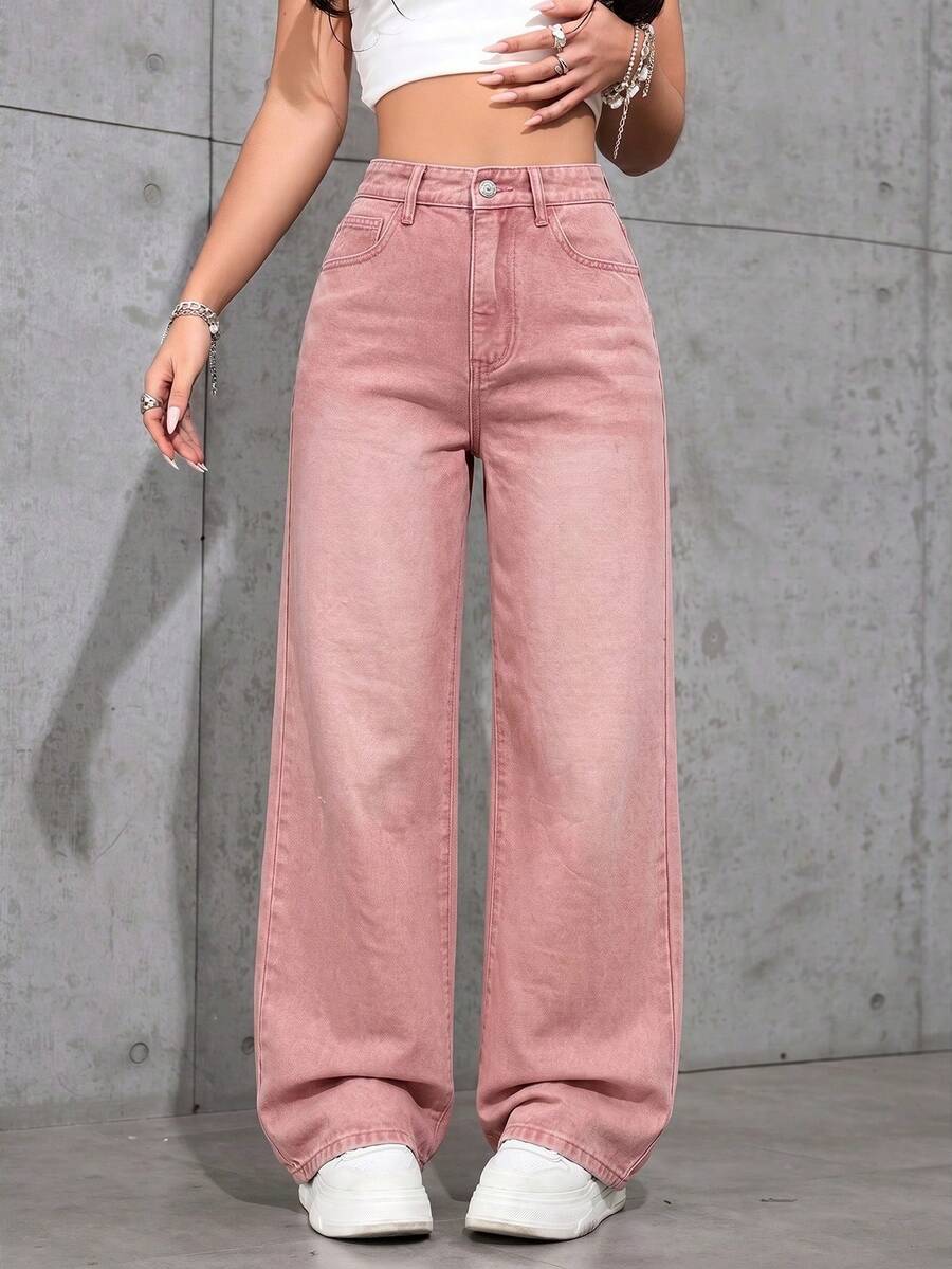 Jeanoix Solid Color Straight Loose Casual Pants With Belt Loops, Versatile - Pink - View 1