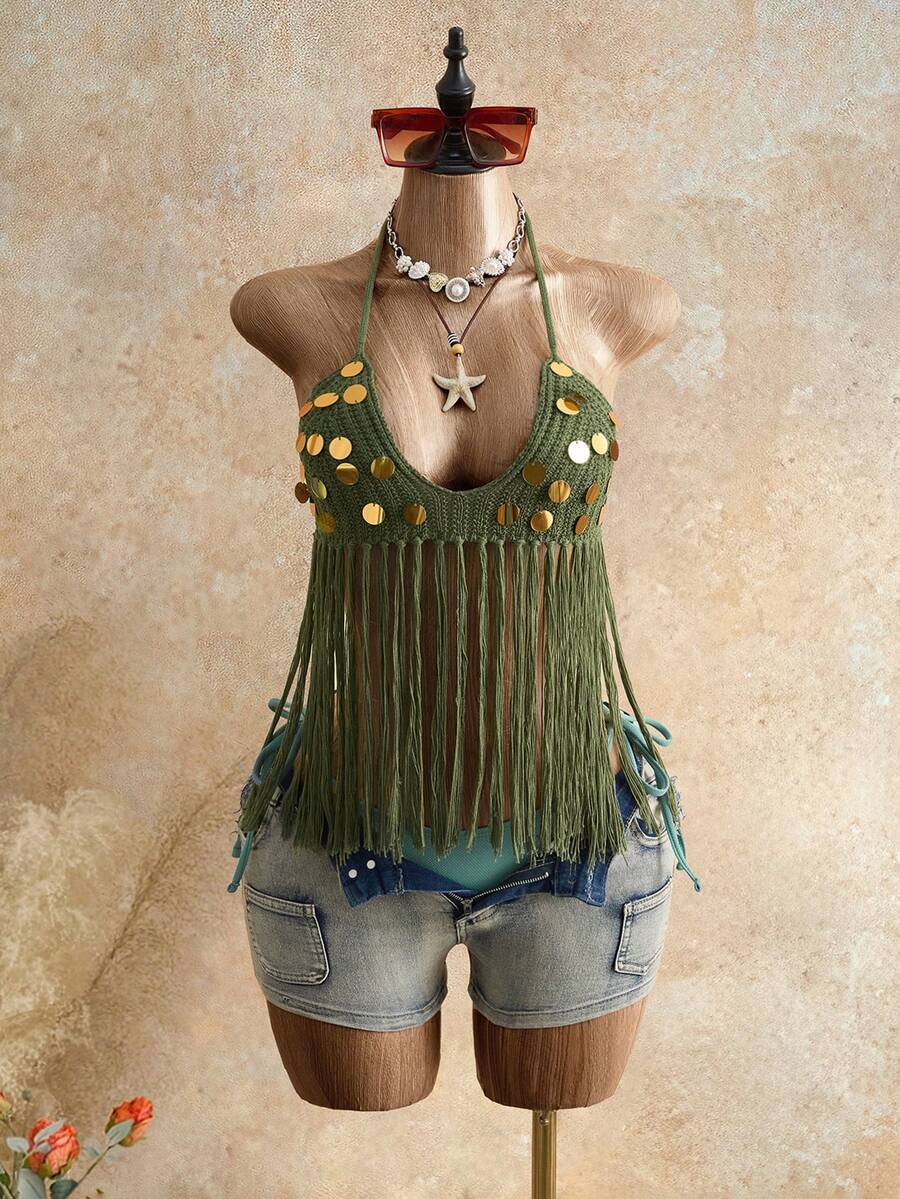 Femesol Áo hai dây màu xanh lá cây thanh lịch dành cho nữ, được đính sequin lấp lánh thủ công, có tua rua ở gấu áo, thích hợp cho kỳ nghỉ, đi biển, du lịch, mùa xuân/hè. - màu xanh lá - Xem 1
