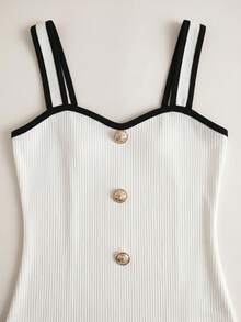 SHEIN Franclia Women's Casual Bodysuit With Trim Button Design - Black and White - View 4