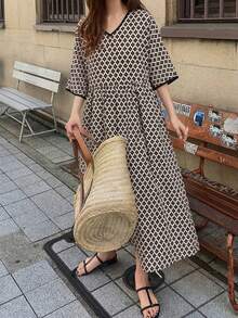 FRIFUL Women's Geometric Print V-Neck Dress - Black - View 1