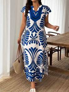 SHEIN LUNE Plus Size Women's Casual Vacation Dual-Color Floral Ruffle Sleeve Loose Split Dress, Suitable For Daily And Holiday Wear, Spring/Summer Gym Brown - Blue and White - View 6