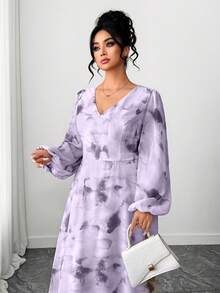 Celure Plus Size Women's Light Purple Print V-Neck Long Sleeve Dress, Elegant For Dates Wedding And Outings Autumn - Purple - View 5