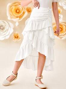 SHEIN Girlism 少女宽松休闲层叠荷叶边不对称下摆中长裙 - 白色 - 查看 3