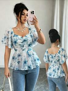 Blusa elegante de mujer con estampado de mariposa, manga de murciélago, plisada, de estilo francés dulce.Moda versátil, grácil y exquisita.Adecuada para diversas ocasiones, desde atu - Azul 2 - Ver 5