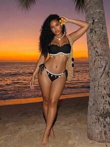 BamGleam Conjunto de bikini para mujer de unicolor con tela texturizada, decoración de concha de soporte y lazo lateral para vacaciones de verano - Negro - Ver 4
