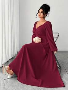 Elenzga Plus Size Burgundy Winter Elegant Formal Wedding Red Christmas Ruched Criss-Cross Neck A-Line Off-Shoulder Wrap Dress,Valentine's Day Prom Date Party - Burgundy - View 4