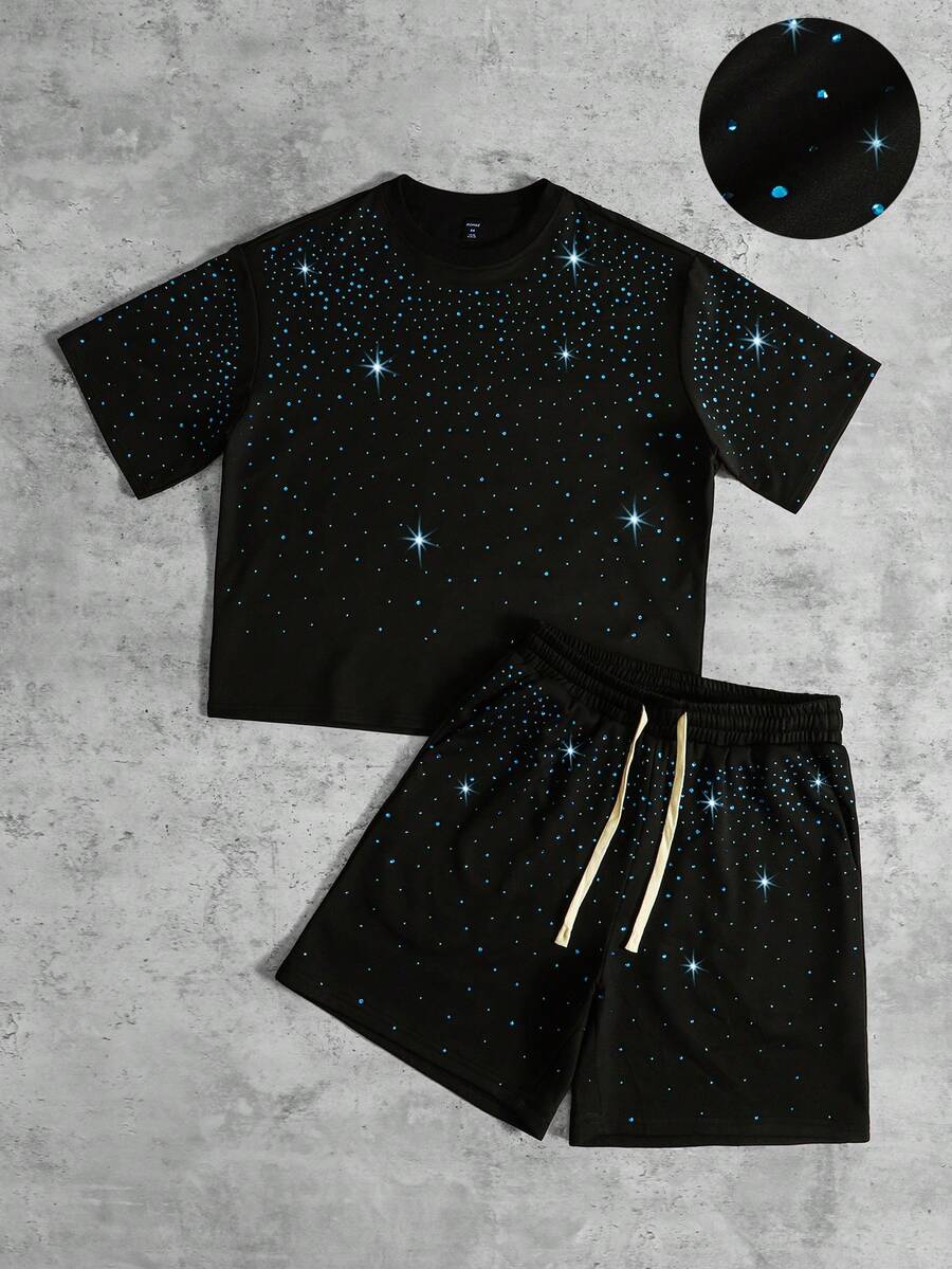 ROMWE MEN Street Life Men's Shiny Rhinestone Decor Round Neck Short Sleeve T-Shirt And Shorts Set, Summer Fashion - Black - View 1