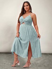 SHEIN LUNE Plus Size Women's Sleeveless Twist Knot Cami Summer Dress - Green - View 3