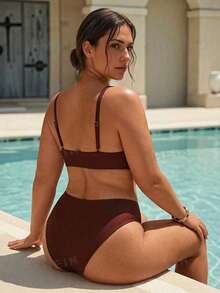 Swim Vcay Bộ đồ bơi tankini nữ size lớn màu trơn, áo tankini tối giản dây phụ kiện phối cùng quần tam giác nhún, phong cách thường ngày cho kỳ nghỉ - Màu Đỏ Sâu - Xem 2