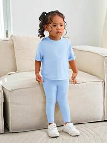 SHEIN Set 2 Potong Baju dan Celana Rajut Longgar Warna Polos untuk Bayi Perempuan - Dusty Blue - View 5