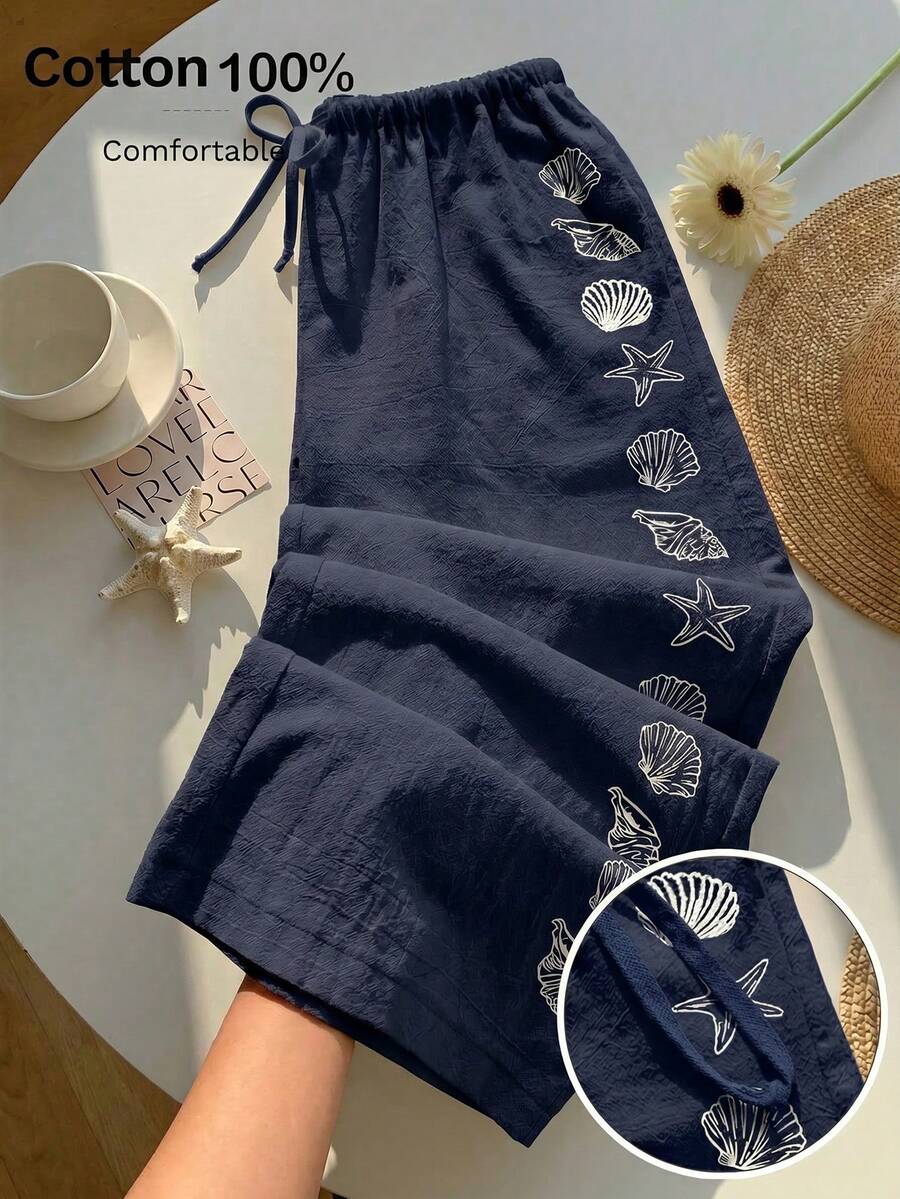 Comfortcana 女款夏季抽繩腰星魚與貝殼印花休閒寬腿褲，百搭日常穿搭，春季，海軍藍 - 藏蓝色 - 查看 1