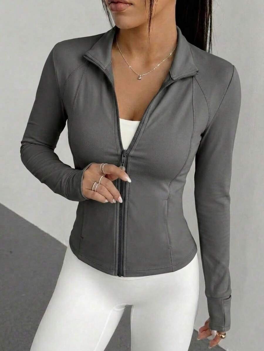 Sweatsuit Tight Front Closure Sleeve Long Neck High Neck - Gris obscuro - View 1