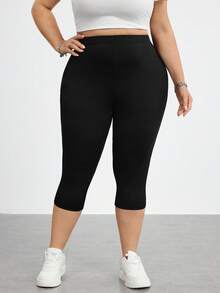 SHEIN CURVE+ 大尺碼女款休閒運動日常通勤高腰豹紋拼接七分長緊身褲 - 黑色 - 查看 5