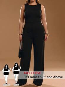 SHEIN Tall CURVE Bộ áo liền quần không tay cổ tròn màu trơn dành cho nữ cỡ lớn, kiểu dáng thường ngày. - màu đen - Xem 4