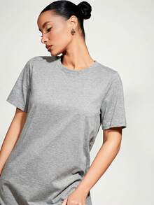 SHEIN BASICS 纯色圆领短袖简约设计休闲百搭夏季T恤连衣裙 - 淺灰色 - 查看 4