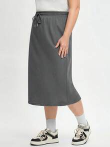 SHEIN BASICS Plus Size Women Casual Solid Color Drawstring Skirt Fall - Dark Grey - View 4