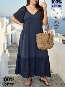 Lacomfia Vestido holgado de talla grande de manga dolman con cuello en V, parche de encaje y unicolor, para primavera/verano - Azul Marino - Ver 1