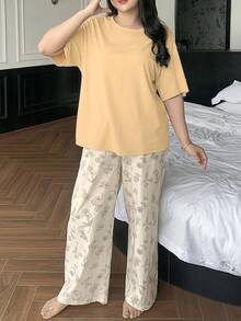 Dazy Plus 两件套春夏家居服套装，纯色宽松T恤上衣和花卉线条印花睡裤睡衣套装 - 黃色 - 查看 4