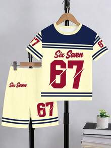 1 Set Tween Mädchen lässig Sport Stil T-Shirt und Shorts Set, marineblau und apricotfarbenes Farbblock Streifendesign mit "SIX SEVEN" Grafik Muster Kurzarm Rundhals T-Shirt und Radlerhose, Sommer Straßen Sport Retro Outfit - Verschiedenfarbig - Übersicht 3