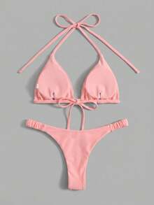 Swim Vcay Bộ đồ bơi bikini nữ mùa hè đi biển màu trơn, dây buộc cổ, phong cách sexy - Màu Hồng baby - Xem 2