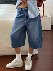 DAZY Quần jeans lửng dáng rộng, rách rưới kiểu cao bồi miền Tây dành cho nữ, thích hợp cho mùa hè. - Màu xanh lam - Xem 5