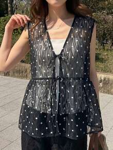 FRIFUL Áo khoác vest không tay dáng rộng, cổ chữ V, chất liệu có họa tiết dành cho nữ. - Đen và trắng - Xem 4