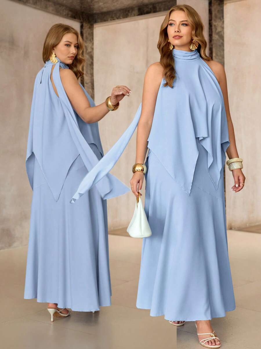 Roveilla Bộ 2 món cho nữ size lớn: Áo kiểu bất đối xứng phong cách Pháp thanh lịch + Chân váy - Màu xanh lam - Xem 1