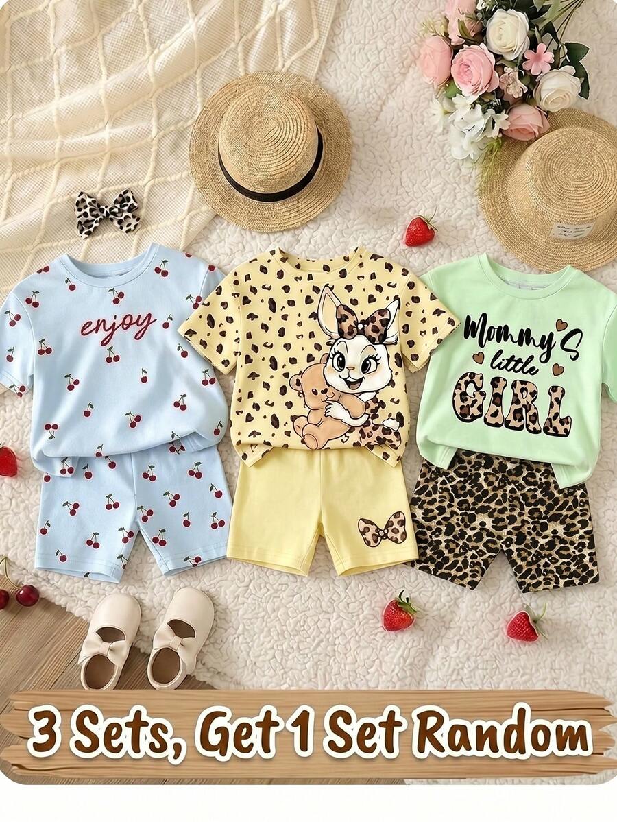 Conjunto de camiseta de manga corta de cuello redondo holgada y pantalones cortos ajustados de niña, de color amarillo crema, con un diseño minimalista y dulce de patrones de letras y cerezas, adecuado para fotografía callejera, picnic, actividades al aire libre, vuelta al colegio, atuendos de verano, comodidad fácil, capas de otoño para niños, ropa gráfica casual para niños, ropa de vuelta al colegio, ropa de otoño - Multicolor - Ver 1
