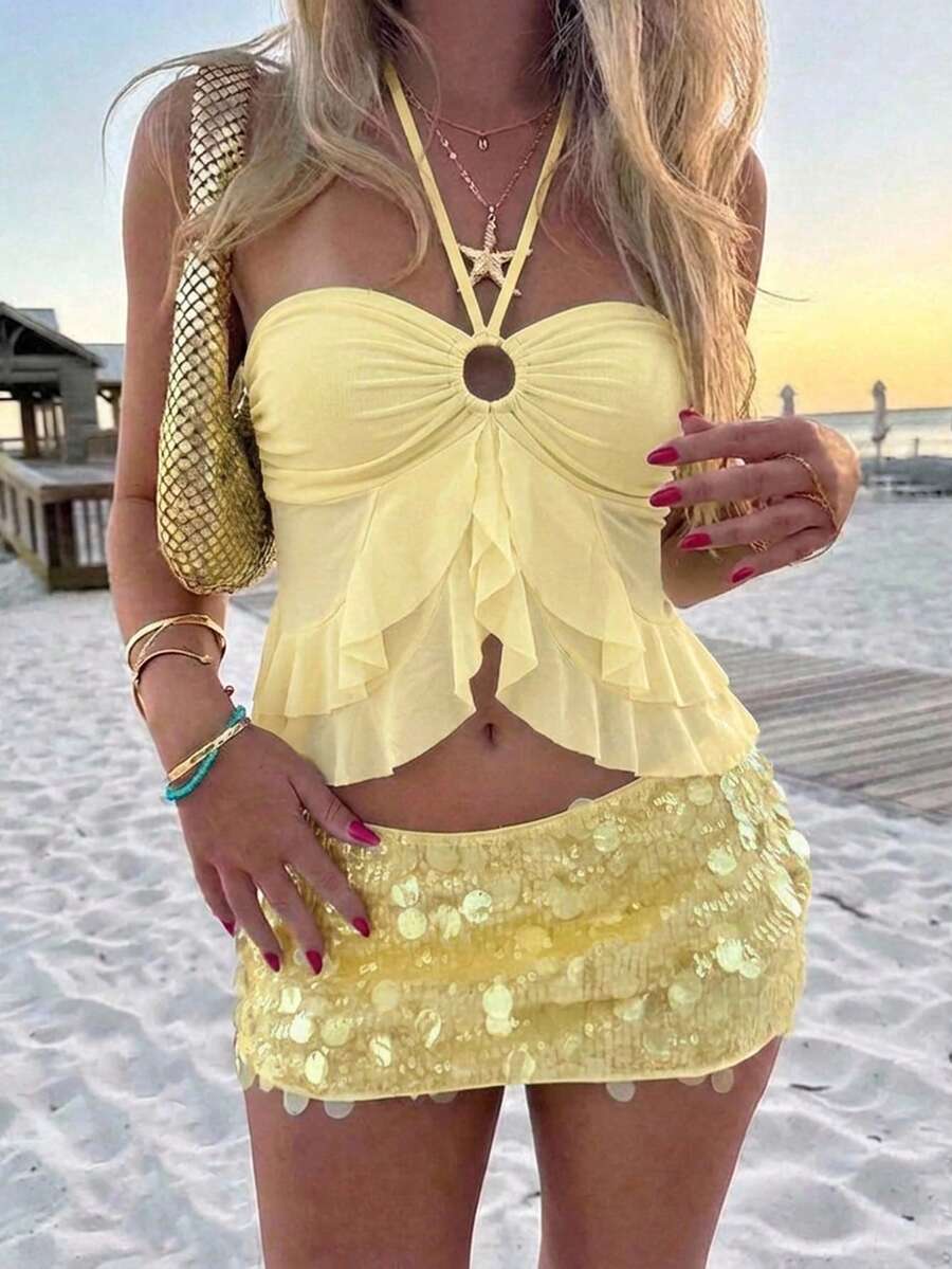 Aloruh 女士优雅浪漫绿色网纱荷叶边上衣,夏季服装,编织吊带露背吊带泳衣,海滩度假装,波西米亚风热带度假服饰,周年纪念婚礼伴娘派对约会之夜性感婚礼宾客礼服,优雅飘逸吊带衫 - 淡黃色 - 查看 1
