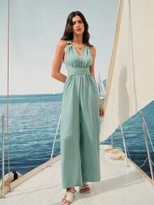 Rafferiza Bộ jumpsuit nữ cổ chữ V thắt eo ống rộng, màu xanh dương, trang phục mùa hè thường ngày. - màu xanh lá - Xem 6