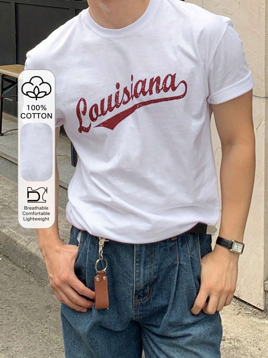 DAZY Men's Short Sleeve Red Letter Print T-Shirt, Summer - White - View 1