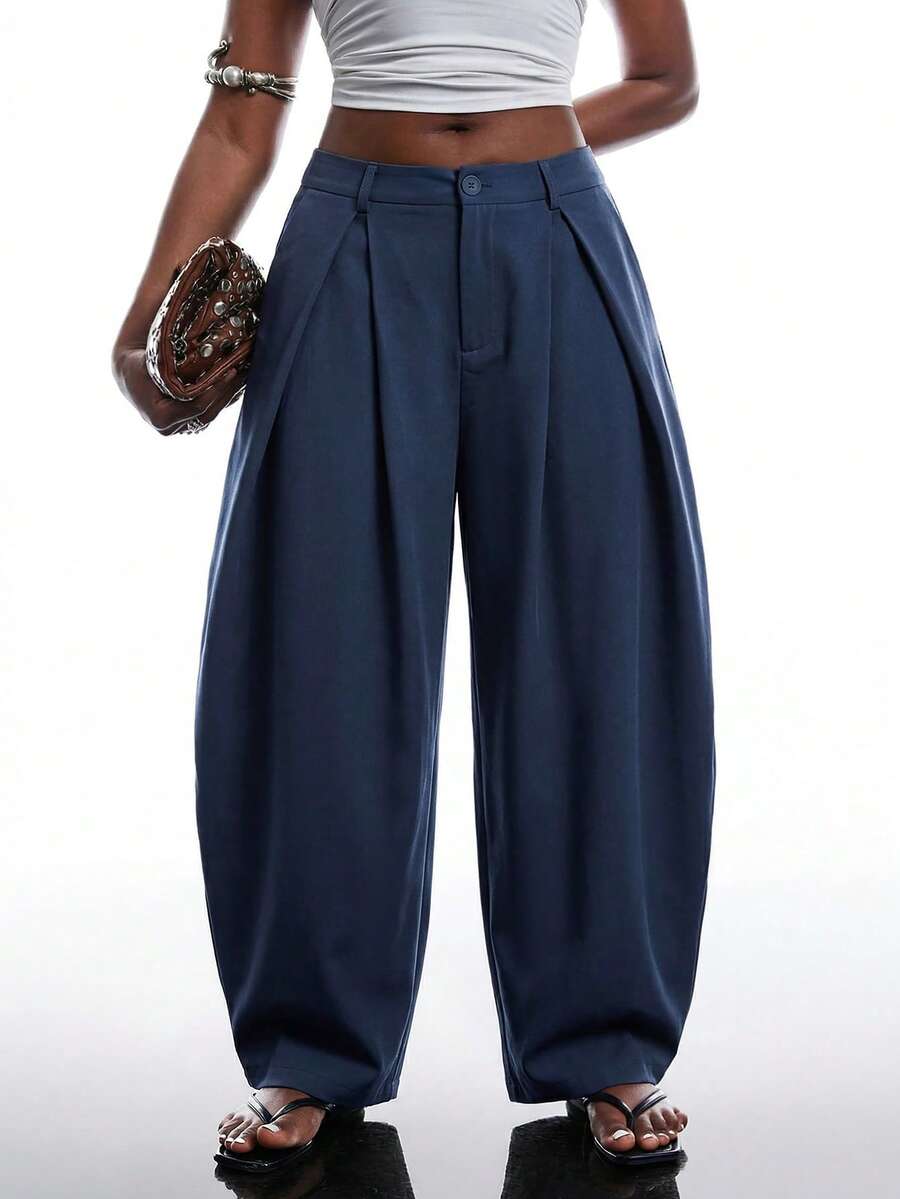 SHEIN EZwear 藏蓝色复古休闲街头风宽松弧形裤脚大码长裤,秋冬款 - 藏蓝色 - 查看 1