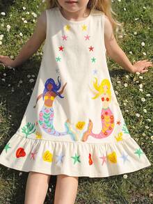 SHEIN Đầm dệt kim không tay cổ tròn in hình nàng tiên cá dễ thương dành cho bé gái - Màu xanh nhạt - Xem 1