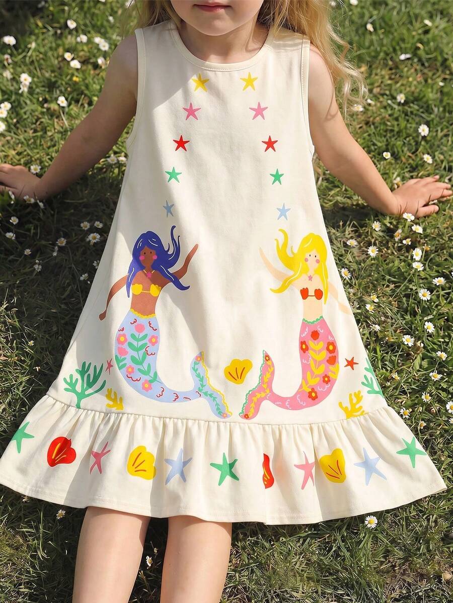 SHEIN Đầm dệt kim không tay cổ tròn in hình nàng tiên cá dễ thương dành cho bé gái - Màu xanh nhạt - Xem 1