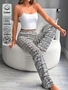 SHEIN 女士纯棉黑白斑马纹长裤家居服舒适休闲睡裤 - 黑與白 - 查看 3