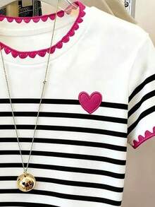 Elladie kids Girls' Round Neck Short T-Shirt, Black & White Striped With Red Floral Lace Heart Design, Suitable For Outdoor, Spring, Summer, Autumn - Multicolor - View 4