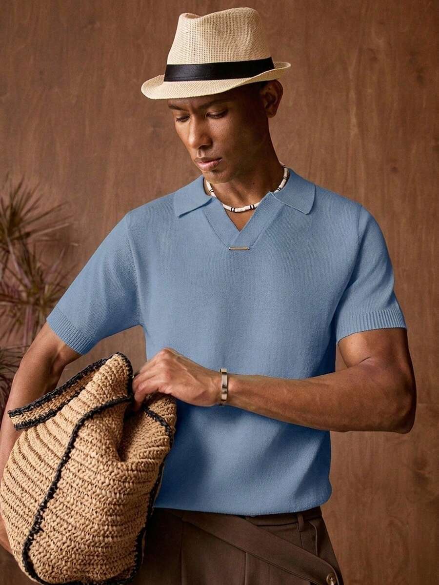 AKNOTIC Business Casual 男士休闲V领短袖针织衫,纯色,夏季度假 - 霧霾藍 - 查看 1