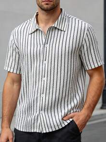 EGENSIO Men's Black & White Striped Simple Daily Short Sleeve Shirt, Summer - Black and White - View 8