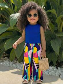 SHEIN 2pcs Baby Girl Knitted Solid Color Round Neck Casual Vest And Woven Geometric Pattern Casual Pants Set - Blue - View 6