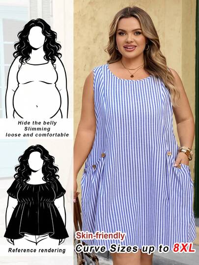 SHEIN CURVE+ Đầm không tay kẻ sọc dọc màu xanh trắng dành cho nữ cỡ lớn, có túi, thích hợp cho mùa hè.