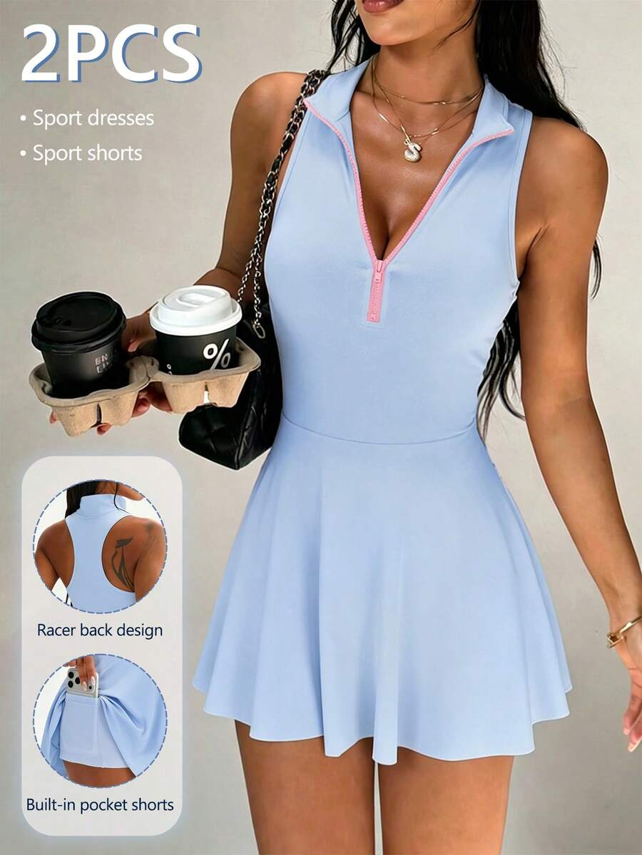 SHEIN Sovereign Charm 女士休闲无袖马卡龙粉色运动连衣裙，常规立领，撞色半开领，带口袋的连体短裤，适合日常休闲穿着，时尚百搭，跑步、瑜伽、健身、网球、高尔夫等运动皆宜。
