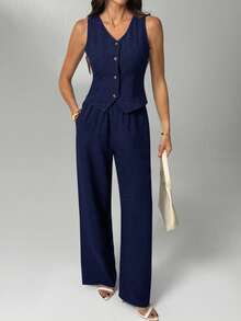 SHEIN Tall Women's Solid Color V-Neck Button Front Tank Top And Slant Pocket Casual Pants 2-Piece Set, Tall Women - Navy Blue - View 6