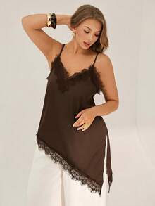 Auralis Áo camisole ren phối họa tiết vạt lệch cho nữ cỡ lớn - màu nâu - Xem 5