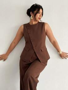 Firerie Women's Elegant Formal Brown 2-Piece Suit Set,Asymmetric Lapel Button Waist Sleeveless Blazer Vest And High Waist Pants Commuting Street Fall/Winter - Coffee Brown - View 3