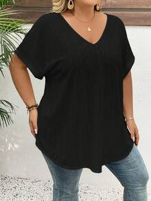 SHEIN CURVE+ Áo thun ngắn tay màu trắng dáng rộng phong cách Boho dành cho phụ nữ cỡ lớn, thích hợp mặc đi nghỉ mát nhân Ngày của Mẹ. - màu đen - Xem 5