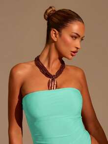 Musera Resort Bandeau Strapless Elegant One-Piece Swimsuit Bathing Suits Spring Summer Vacation Elegant Beach Resort Ibiza Swim Acai Solid Colour - Cadet Blue - View 5
